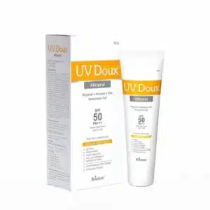 UV Doux Mineral SPF 50 tinted sunscreen with outer box and tube packaging display
