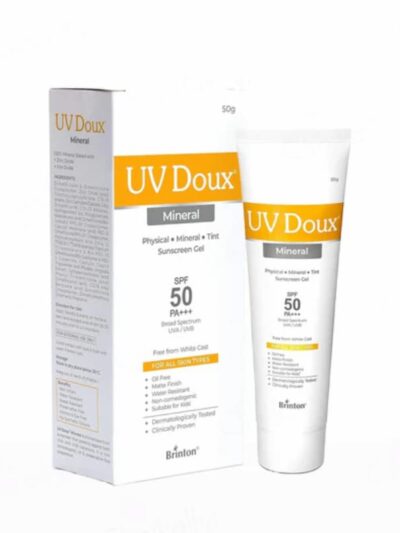 UV Doux Mineral SPF 50 tinted sunscreen with outer box and tube packaging display