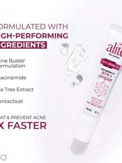 Alite Anti Acne Gel tube showing ingredients like niacinamide and tea tree extract for acne care
