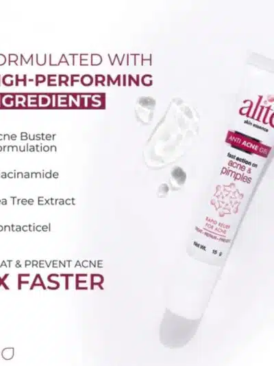 Alite Anti Acne Gel tube showing ingredients like niacinamide and tea tree extract for acne care