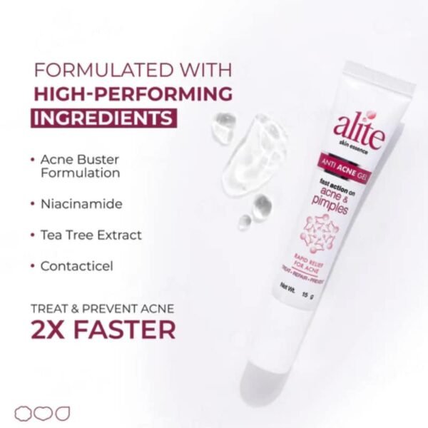 Alite Anti Acne Gel tube showing ingredients like niacinamide and tea tree extract for acne care