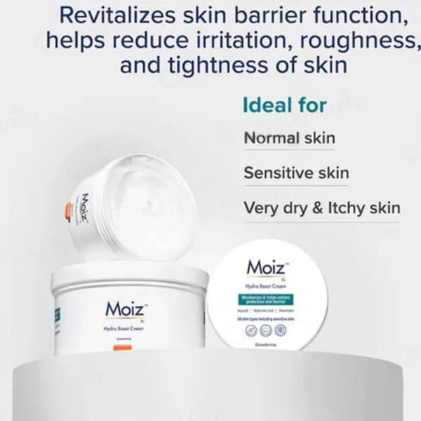 Moiz Hydro Boost Cream infused with Aquaxyl, hyaluronic acid, glycerin, and shea butter for deep moisture