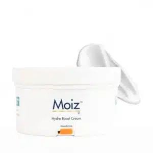 Open jar of Moiz Hydro Boost Cream showing rich moisturizing texture for intense hydration