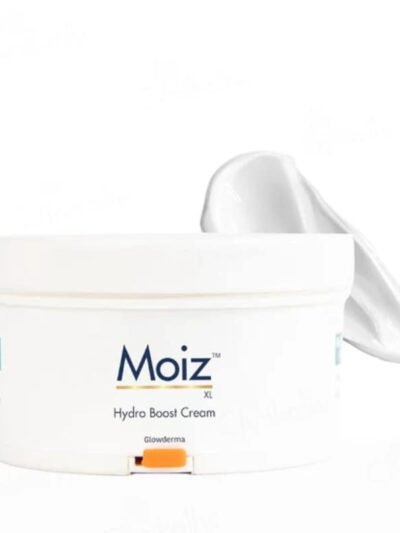 Open jar of Moiz Hydro Boost Cream showing rich moisturizing texture for intense hydration