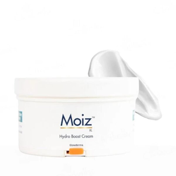 Open jar of Moiz Hydro Boost Cream showing rich moisturizing texture for intense hydration