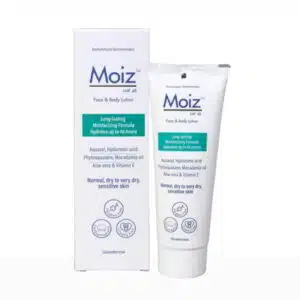Moiz LMF 48 face and body lotion with box showing long lasting moisturizing formula for dry and sensitive skin