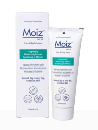 Moiz LMF 48 face and body lotion with box showing long lasting moisturizing formula for dry and sensitive skin
