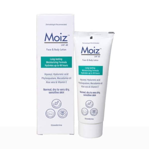 Moiz LMF 48 face and body lotion with box showing long lasting moisturizing formula for dry and sensitive skin
