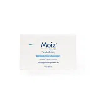 Front view of Moiz syndet bar box for gentle cleansing and moisturizing