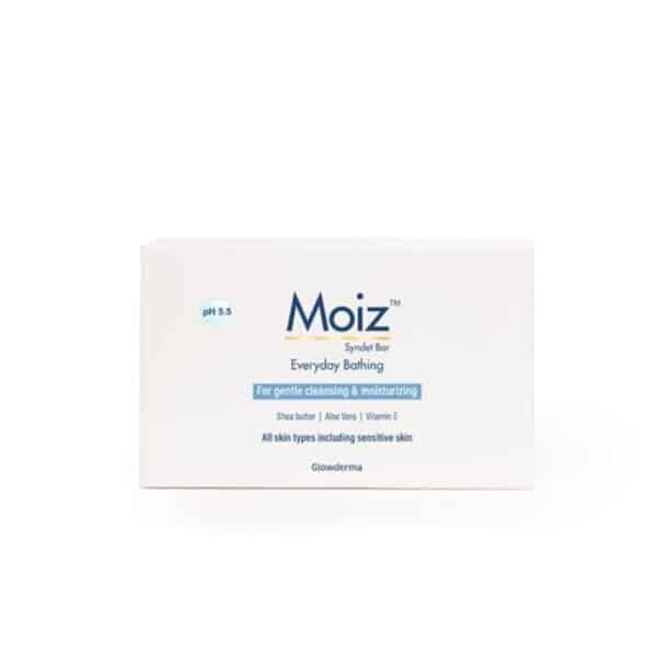 Front view of Moiz syndet bar box for gentle cleansing and moisturizing