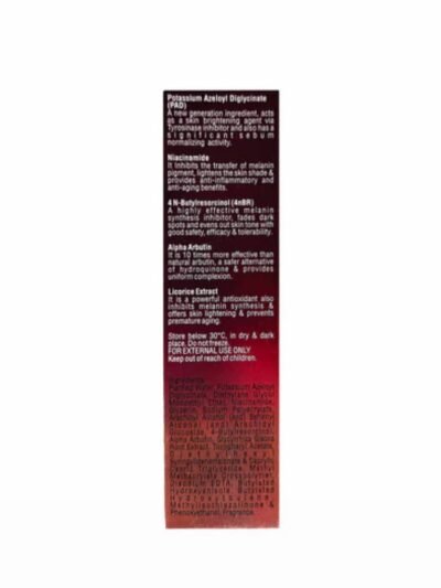 Brilante Max serum packaging showing ingredients like niacinamide, alpha arbutin, and licorice extract for pigmentation control