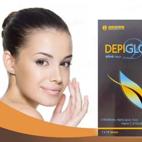 Depiglow 250 tablets back packaging showing ingredients, nutritional values, and usage instructions