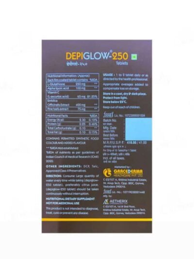 Depiglow 250 tablets with model showing glowing skin benefits for pigmentation reduction and skin brightening