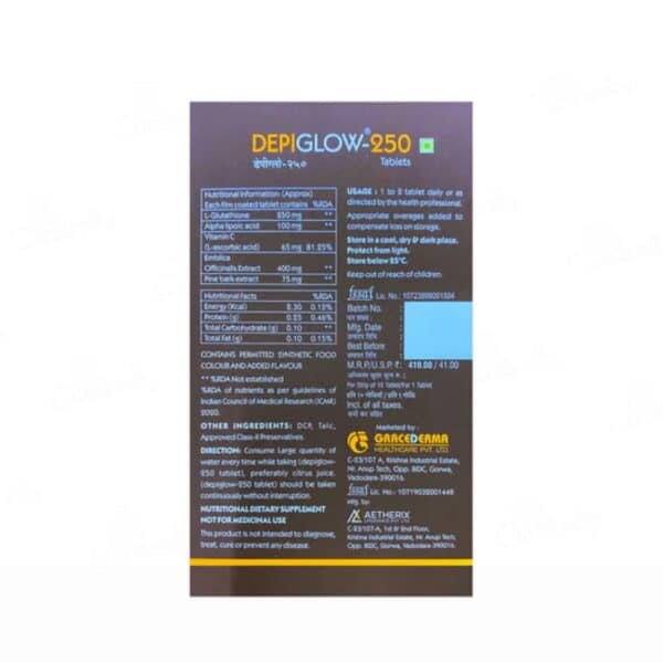 Depiglow 250 tablets with model showing glowing skin benefits for pigmentation reduction and skin brightening
