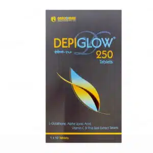 Depiglow 250 tablets pack with glutathione, vitamin C, and antioxidants for skin brightening and reducing pigmentation