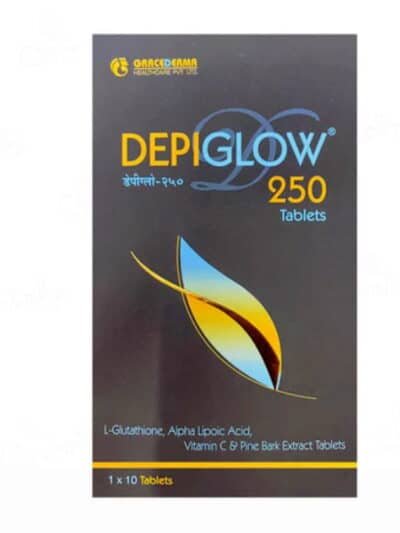Depiglow 250 tablets pack with glutathione, vitamin C, and antioxidants for skin brightening and reducing pigmentation