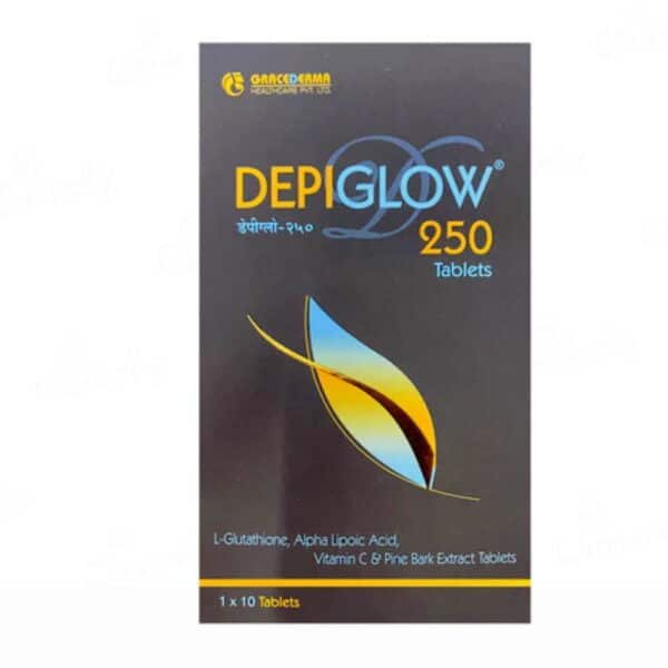 Depiglow 250 tablets pack with glutathione, vitamin C, and antioxidants for skin brightening and reducing pigmentation