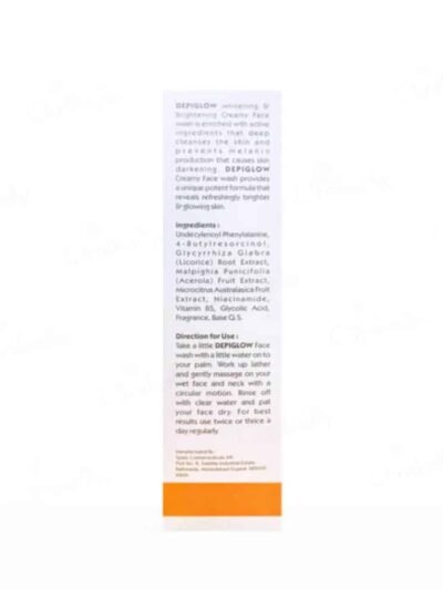 Depiglow face wash packaging showing ingredients, skin brightening benefits, and usage instructions