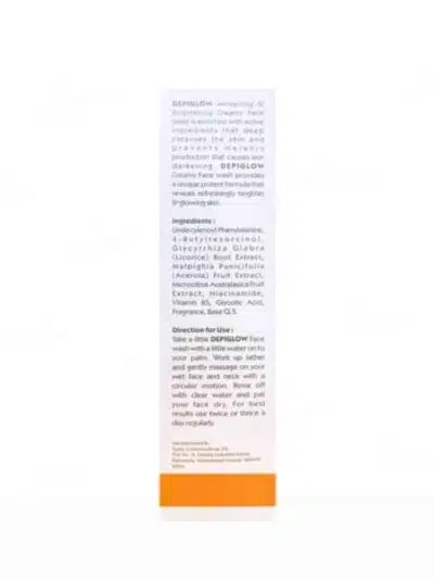 Depiglow face wash packaging showing ingredients, skin brightening benefits, and usage instructions