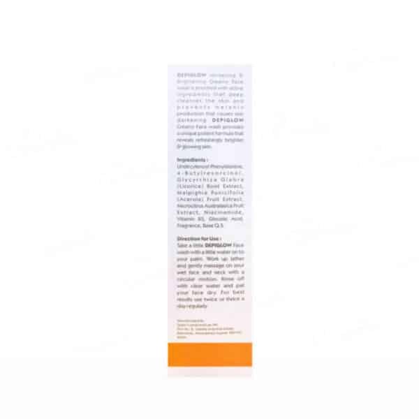 Depiglow face wash packaging showing ingredients, skin brightening benefits, and usage instructions