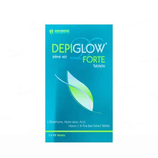 Depiglow Forte tablets pack with glutathione, vitamin C, and alpha lipoic acid for skin brightening and pigmentation control