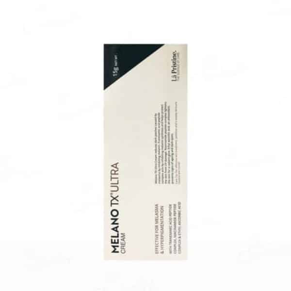 Melano TX Ultra cream packaging showing ingredients, composition, and usage details for pigmentation treatment