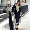 Women wearing black embroidered Pakistani party wear suit