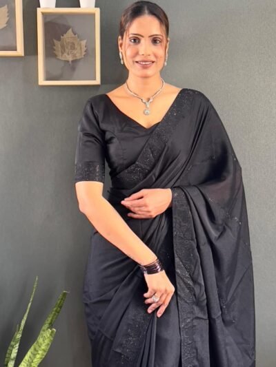 Women wearing ready to wear black georgette silk saree