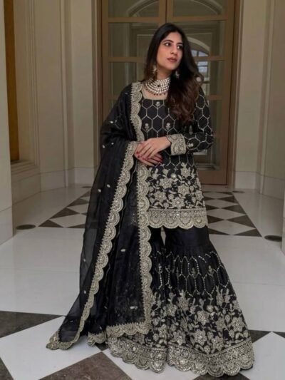 Elegant black Pakistani suit with luxury mirror work detailing