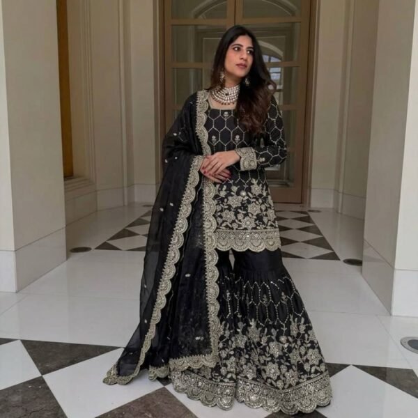 Elegant black Pakistani suit with luxury mirror work detailing