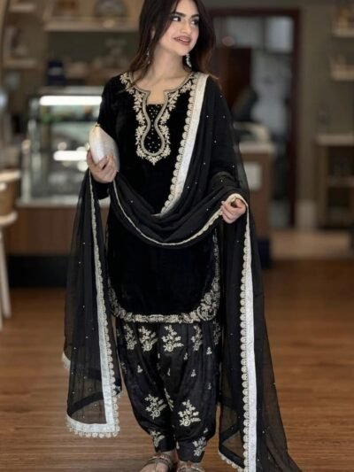 Black Pakistani suit with embroidered organza dupatta for women
