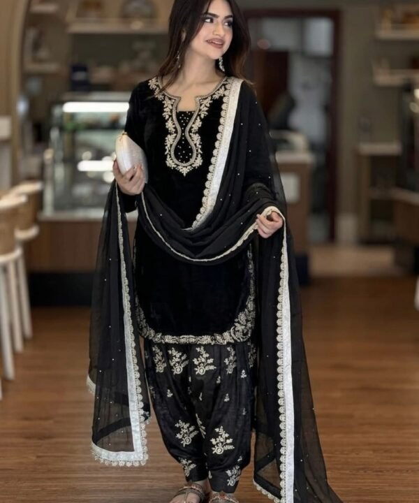 Elegant Black Pakistani Suit Black Pakistani suit with embroidered organza dupatta for women