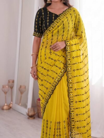 Elegant yellow mirror work saree for women partywear
