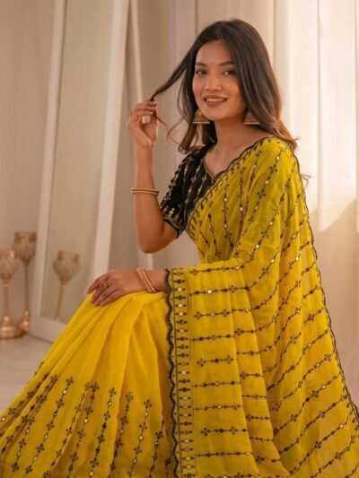 Elegant Yellow Mirror Work Saree (2) Elegant yellow mirror work saree for festive occasions