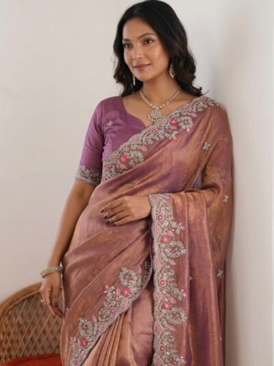Partywear saree with piping border and embroidery