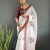 Women wearing white ready to wear saree with pink floral prints