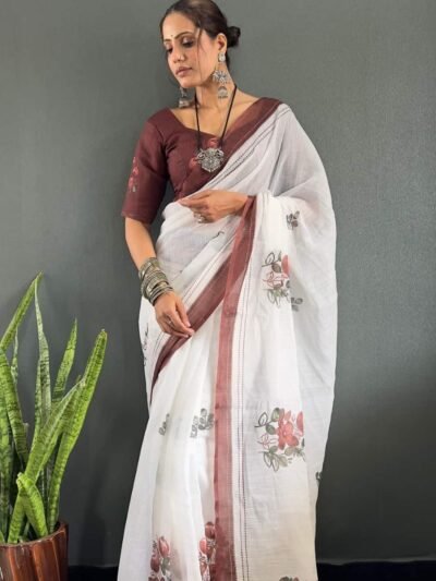 Women wearing white ready to wear saree with pink floral prints