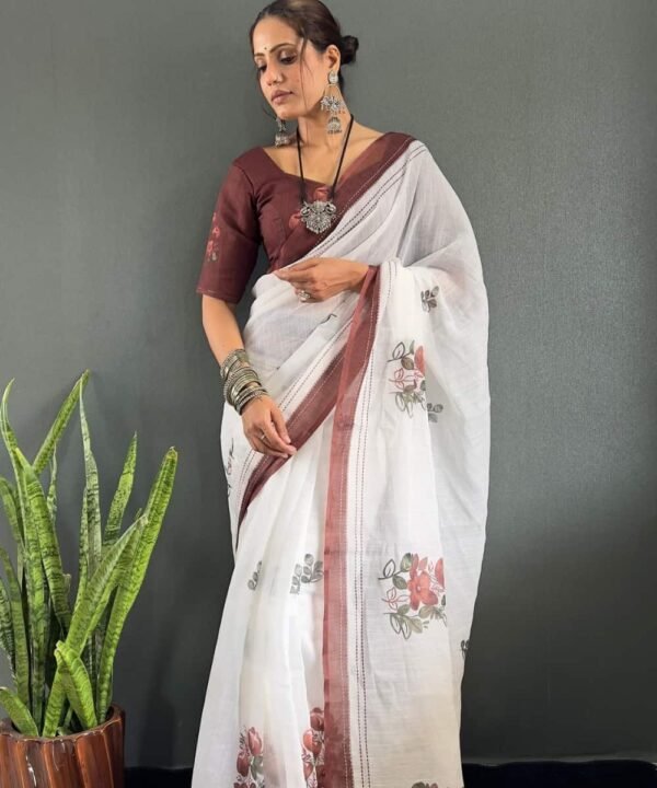 Women wearing white ready to wear saree with pink floral prints