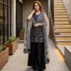Luxury black Pakistani suit with embroidered soft net dupatta