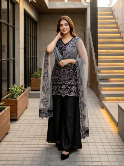 Luxury black Pakistani suit with embroidered soft net dupatta
