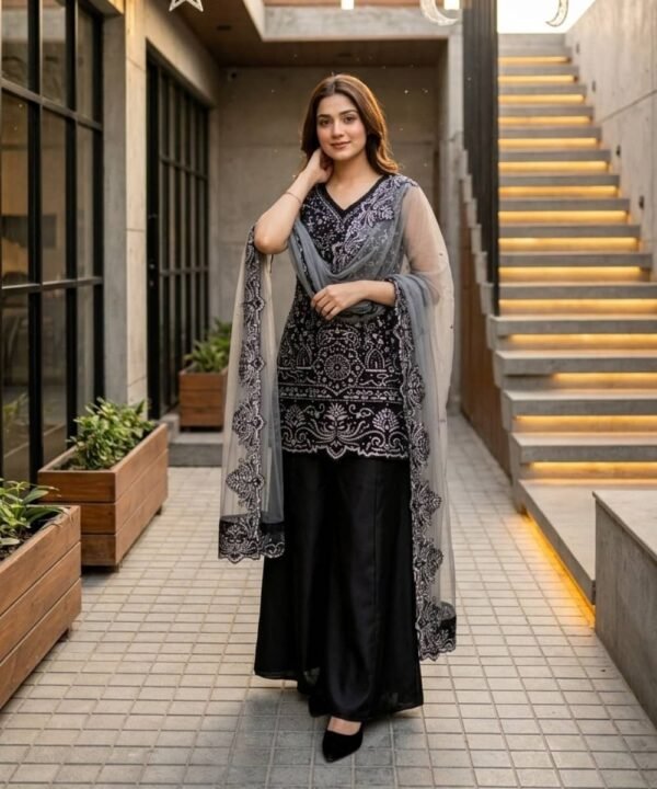 Luxury black Pakistani suit with embroidered soft net dupatta