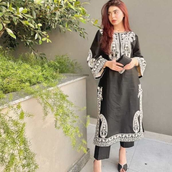 Black organza Pakistani suit with satin plazzo and embroidery