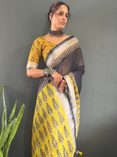 Elegant one minute printed saree with linen silk fabric