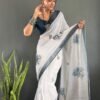 White linen silk ready to wear saree with floral print design