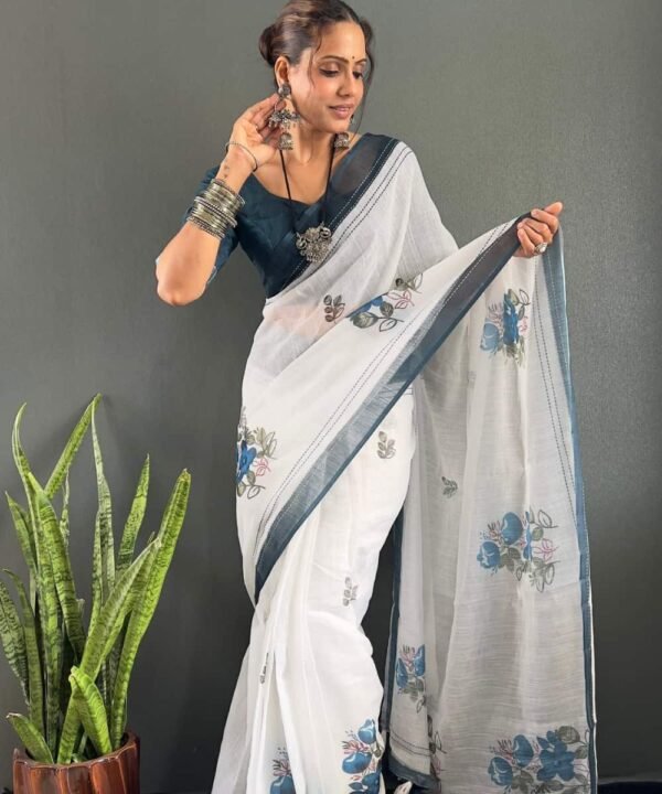 White linen silk ready to wear saree with floral print design