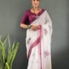 Elegant white ready to wear saree with floral ethnic styling