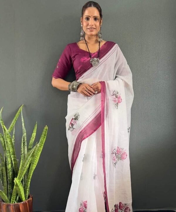 Elegant white ready to wear saree with floral ethnic styling