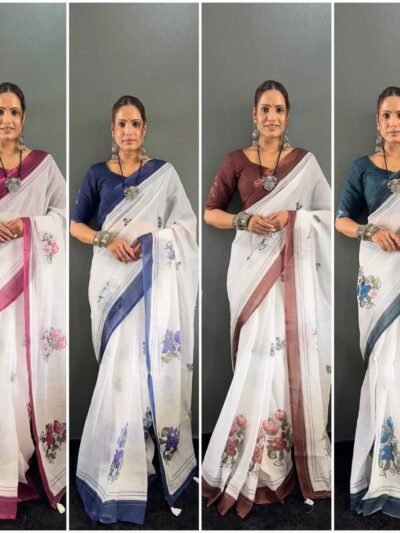 White ready to wear saree with floral digital print work