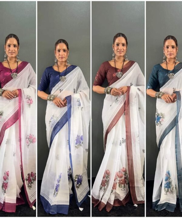 White ready to wear saree with floral digital print work
