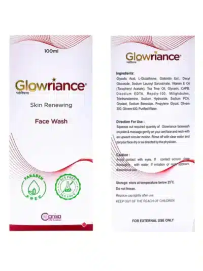 Glowriance Face Wash labelled for exfoliation and even-looking skin tone